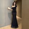 Elegant Strapless One-Shoulder Floor-Length Bodycon Evening Dress
