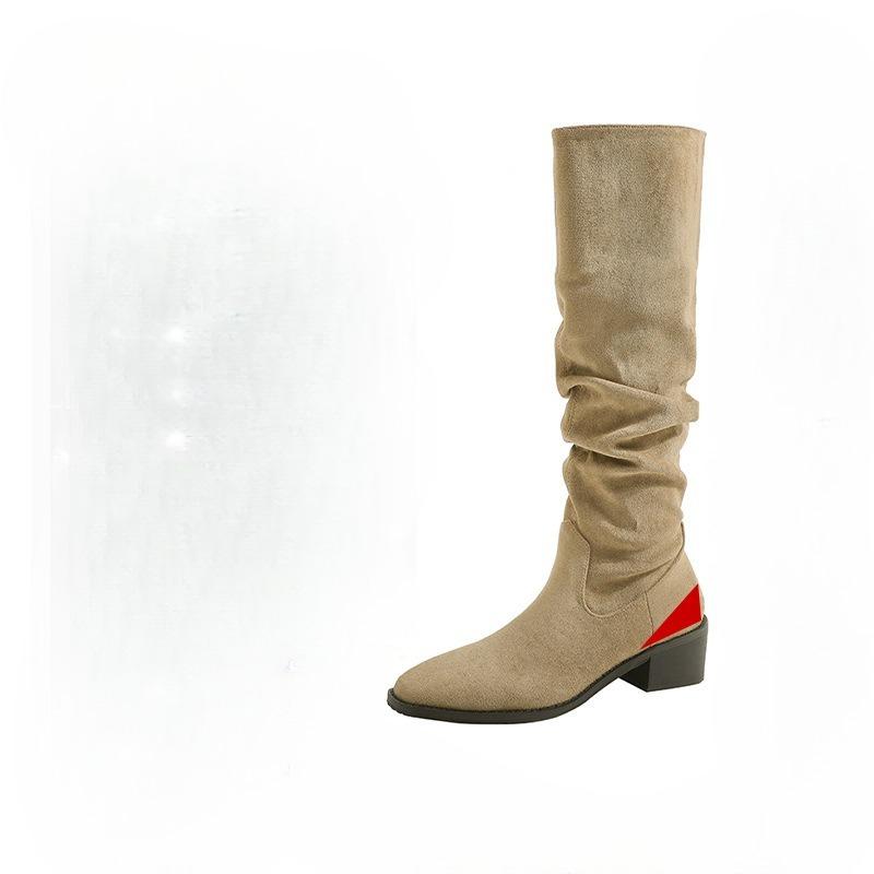 Neue Damen Herbst- und Winterschuhe mit dickem Absatz, High-Top Retro Schlankmachende Plissierte Stiefel