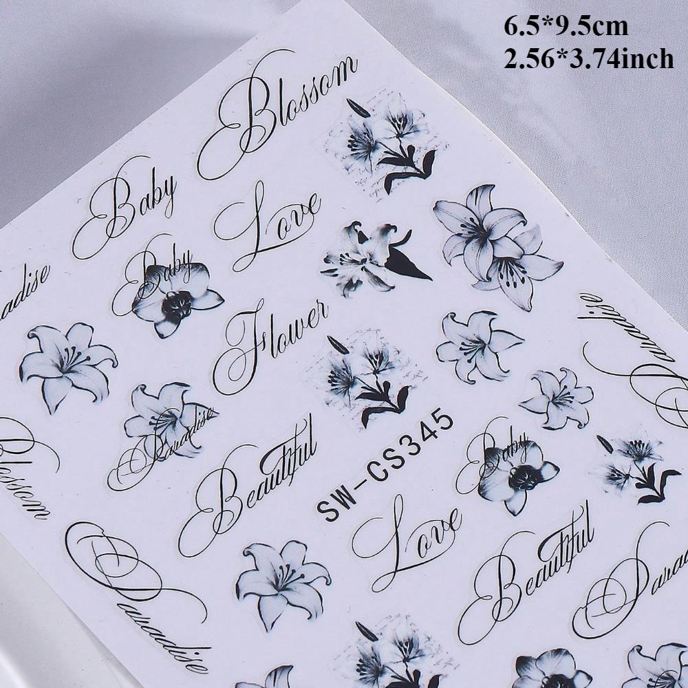 2pcs Lily Letter Nail Stickers, Elegant Black and White Ink Painting Style Flower and Letter Patterns Self-adhesive Nail Decals