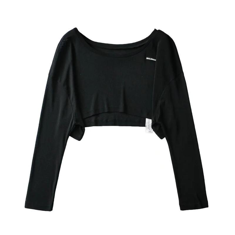 

Loose Short Casual off-Shoulder Long Sleeves Women s Overall Asymmetrical Dance Ins Midriff Outfit Crop Top Thin Pullover T-shirt Black All yards