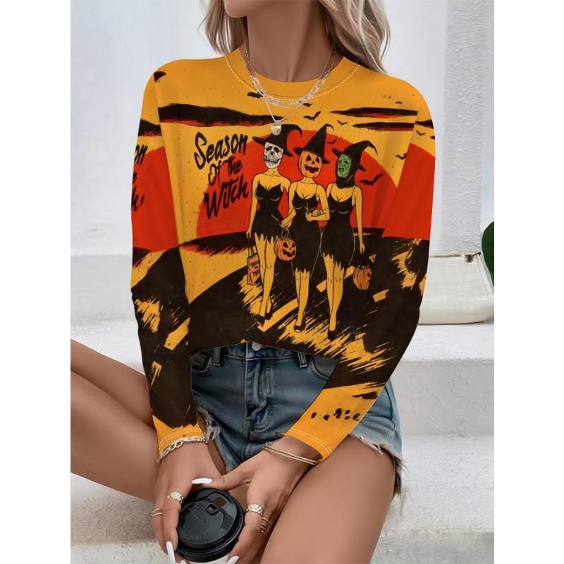 Round Neck 3D Witch Printed Top Casual Long Sleeved Women's T-shirts - Soft Medium Stretch Polyester Fabric Spring and Autumn Relaxed Fit Clothing
