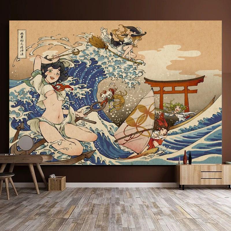 Japanese Tavern Sea Wave Tapestry Ghost Samurai Decorative Tapestry Room Decoration Home Decor Dorm Wall Hanging Backdrop Cloth