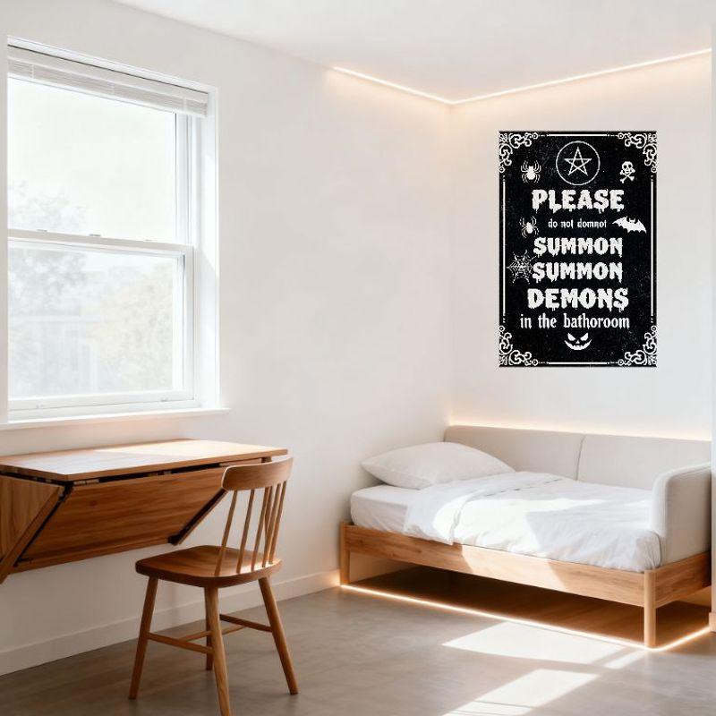 Gothic Halloween Demon Summoning Warning Metal Tin Sign - Pentagram Spiders Bats Jack-o'-Lantern Wall Decor for Home Bar Cafe Ma
