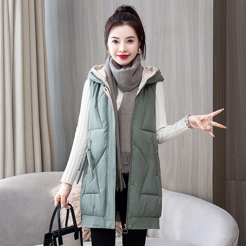 Autumn and Winter Women's Solid Color Hooded Warm and Windproof Mid-length Women's Sleeveless Jacket 9 Colors