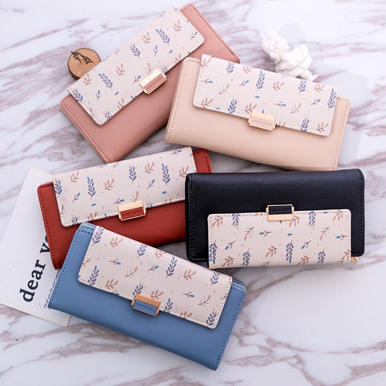 Hopper Women's Korean Style Floral PU Wallet - Large Capacity, Color Block, Zippered Student Bag