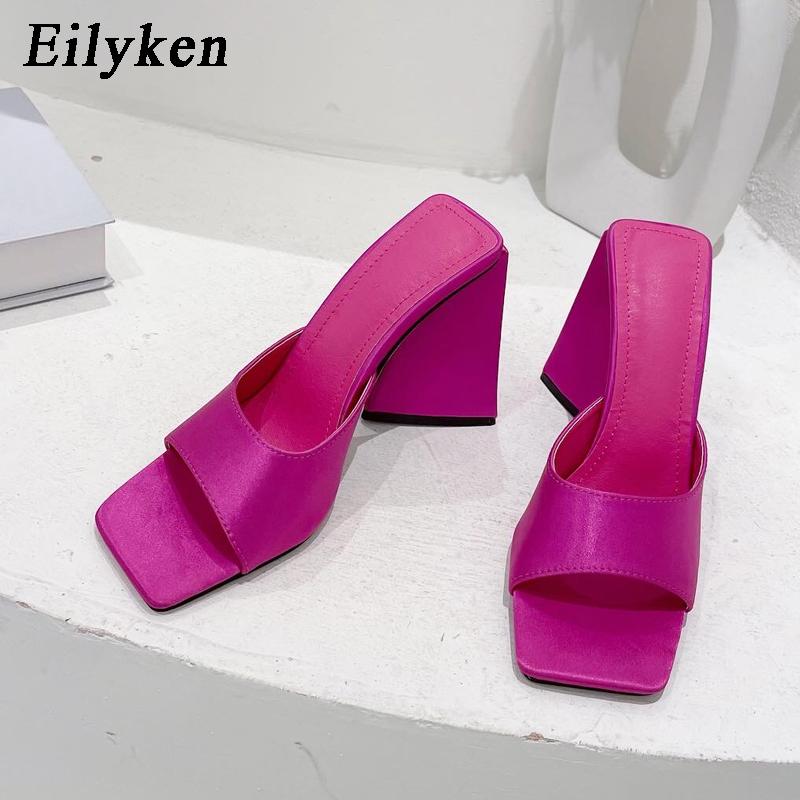 Eilyken 2025 New Arrival Summer Silk Triangle Square Heels Slippers Sexy Woman Party Square Toe Dress Slides Shoes