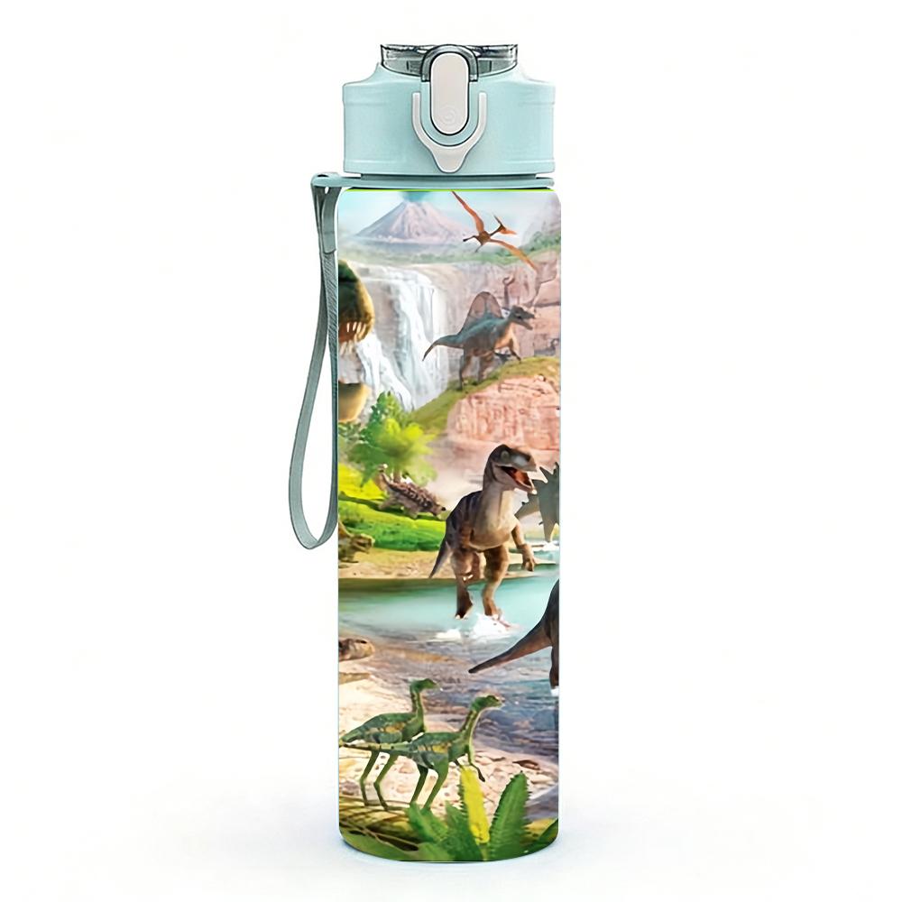 1 Stück Dschungel Wild Dinosaurier Fluss Landschaftliches Layout 750ml Farbe Kunststoff Wasserflasche Auslaufsicher Klappdeckel mit Strohhalm Für Sport Büro Heimgebrauch