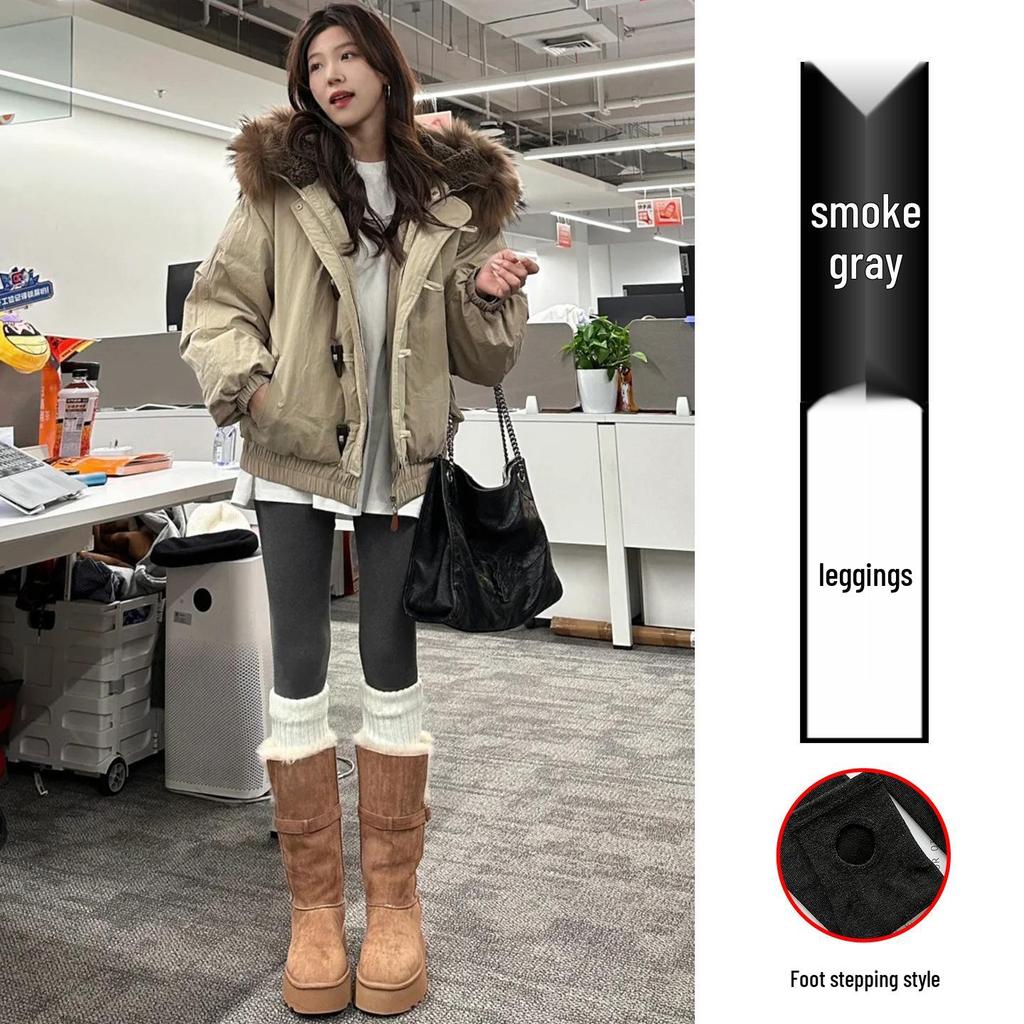 Women's Thickened Dark Gray Leggings, Plus Velvet, Extra Warm, Autumn/Winter Outerwear with Lambswool
