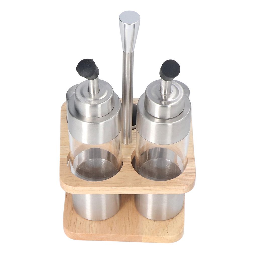 Set Sticle Condimente cu Raft de Lemn Oțel Inoxidabil 304 Suport Sticle Condimente pentru Masă Bucătărie