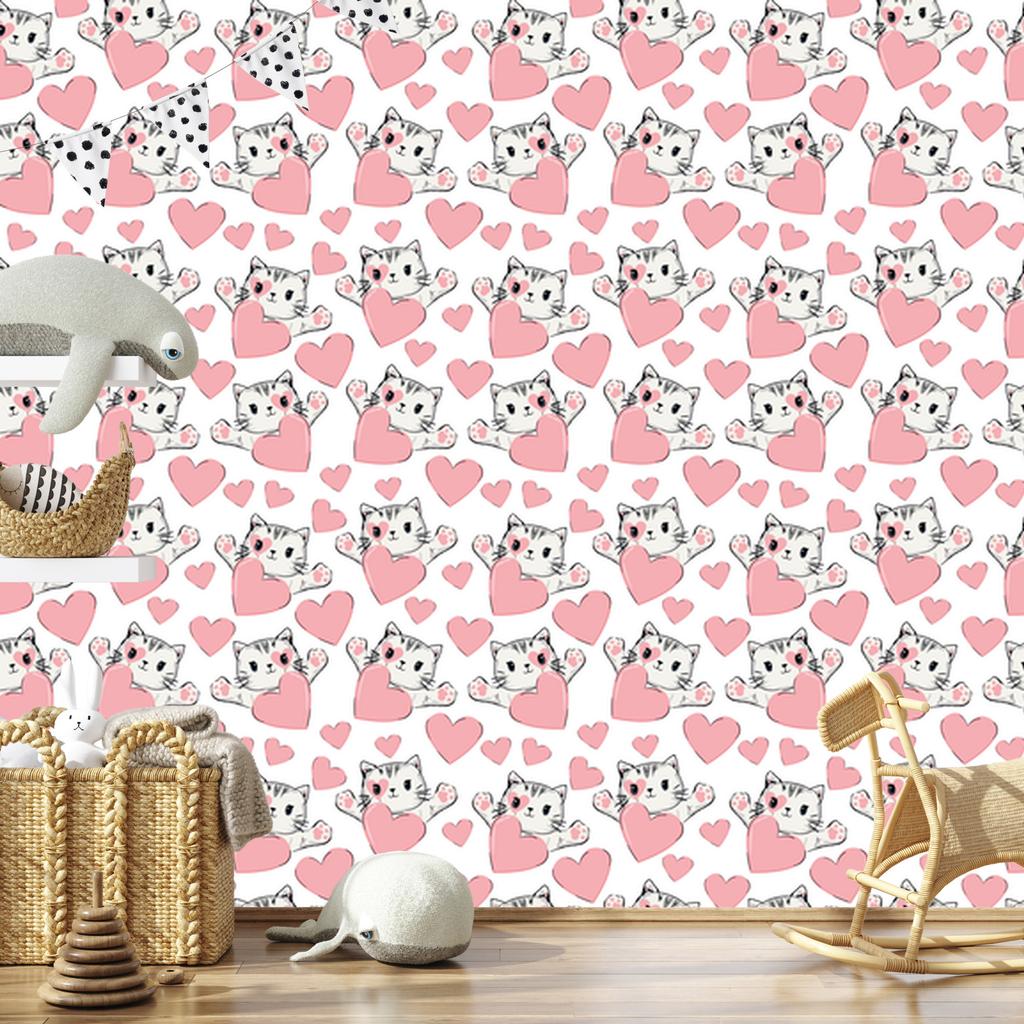 Little kittens and hearts wallpaper for living room and bedroom 50x1000