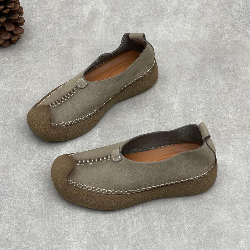 Johnature Retro Handmade Genuine Leather Loafers Soft Soled Cowhide Flat Women's Slip-on Shoes