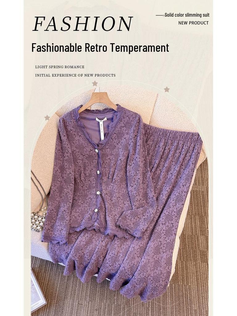 Plus Size Women's Elegant Purple Lace Top & Skirt Set for Spring/Autumn (130-300 Jin)