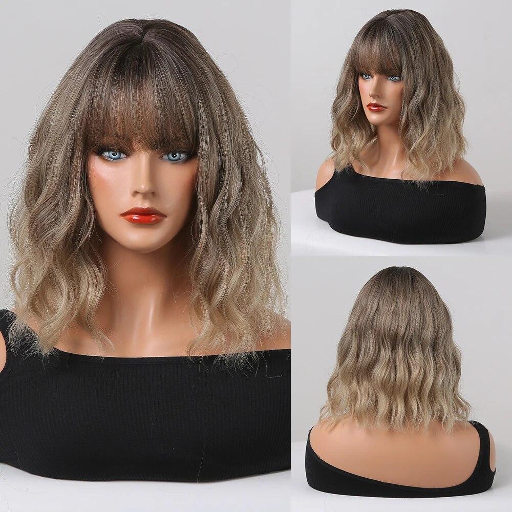 Short Straight Bob Synthetic Wigs with Bangs for Women Brown To Blonde Wig Cosplay Party Daily Heat Resistant Fiber Hair