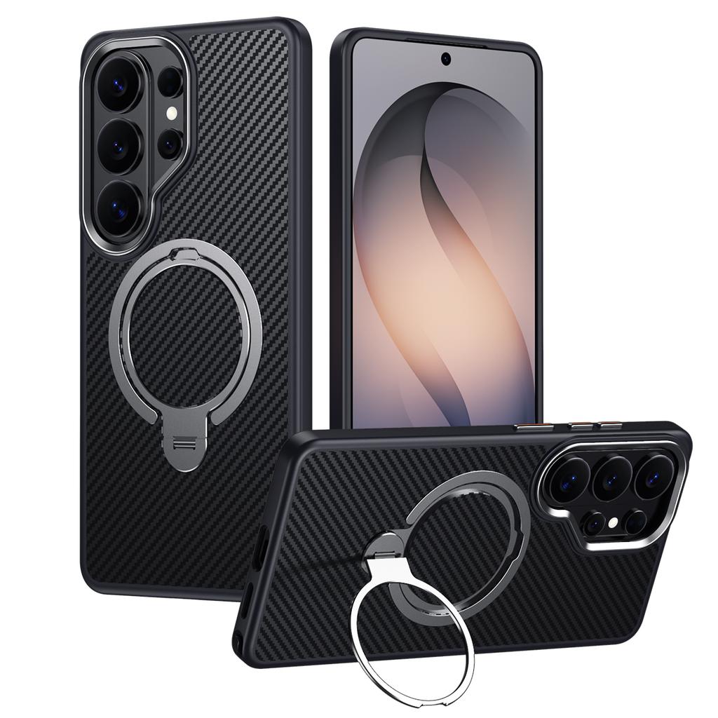 360 Rotating Kickstand Magnetic Carbon Fiber Pattern Case for Samsung S26 Ultra S25 S24 Plus S23 S22 Shockproof Sturdy Cover