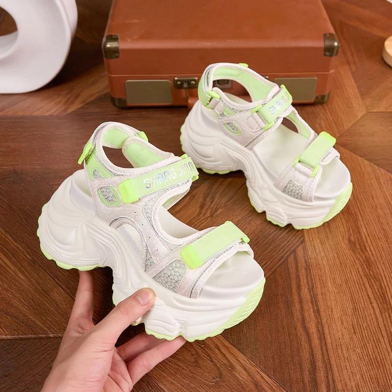 Fashion 9CM Summer Synthetic Microfiber Leather Hollow Vulcanize Peep Toe Hook Platform Wedge Women Sandals Flats Chunky Sneakers Shoes