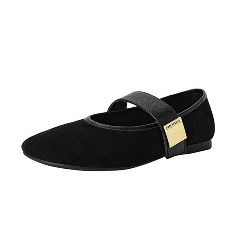 Fashion Women's new leather sheepskin round head metal belt buckle, low heel, large size, soft and comfortable Mary Jane single shoe