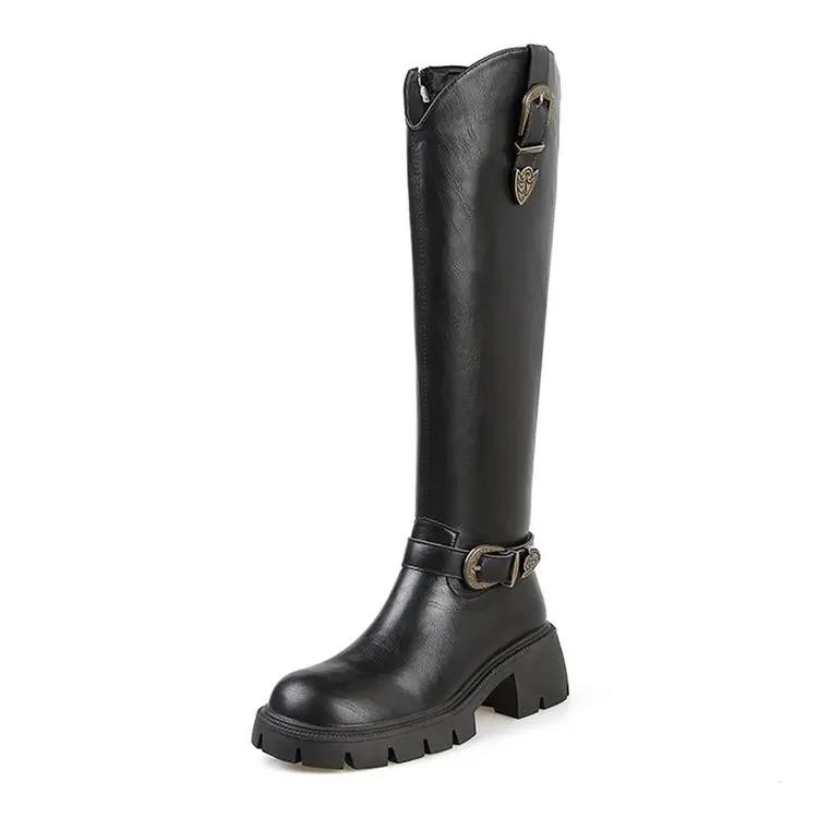 Fashion Brown Western Cowboy Boots for Women Knee High Boots Metal Belt Buckle Thick Heel Thick Sole High Top Knight Boots