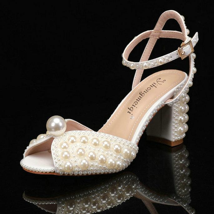 Fashion Sweet Handmade Pearl Stiletto Line With Shallow Cut Party Wedding Shoes Thick Heels High Heels For Women