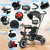 Toddler Tricycle Children Trike Kids with Adjustable Push Handle Removable Canopy Safety Harness Child Music Headlight Storage Basket,