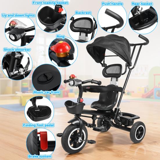 Toddler Tricycle Children Trike Kids with Adjustable Push Handle Removable Canopy Safety Harness Child Music Headlight Storage Basket,