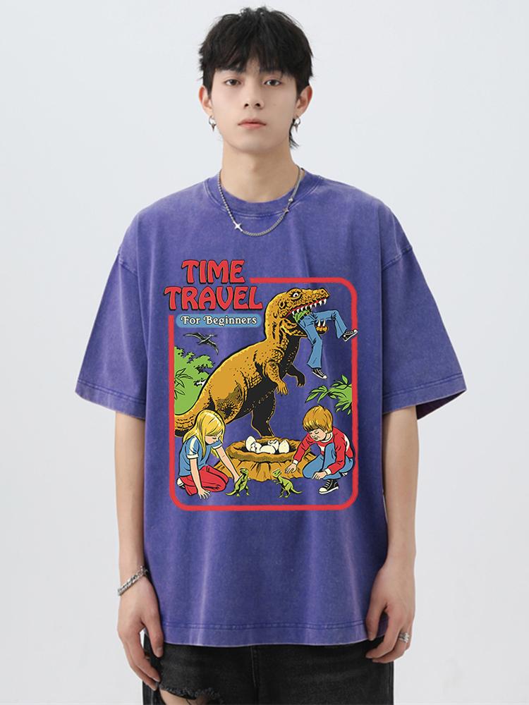 Stealing Dinosaur Baby Caught Washed Retro T Shirt Men Fashion Clothing Cotton Summer Casual Tops Hip Hop Loose Cotton T-Shirt