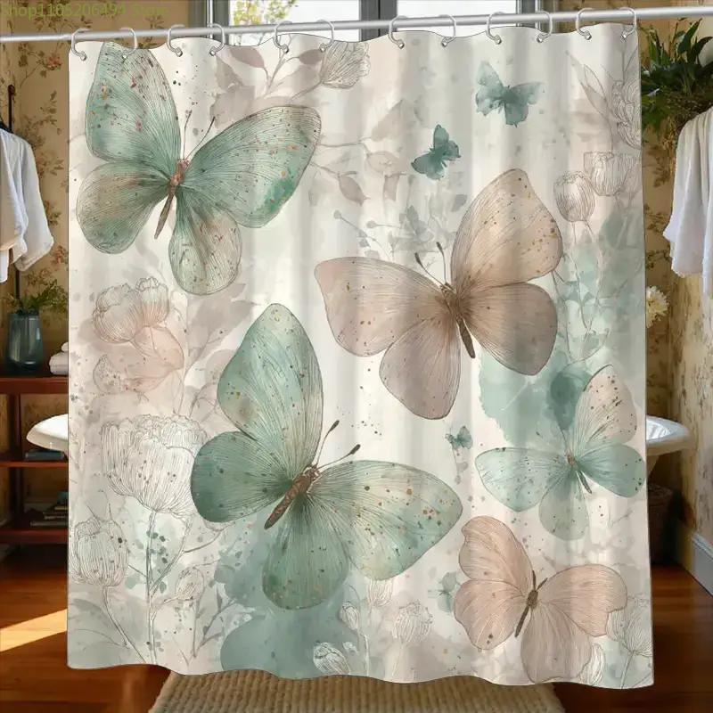 1pc Bathroom Shower Curtain, Butterfly Garden Visit Experience, Anniversary Shower Curtain, with 12 Hooks, 180*180Cm Bathroom
