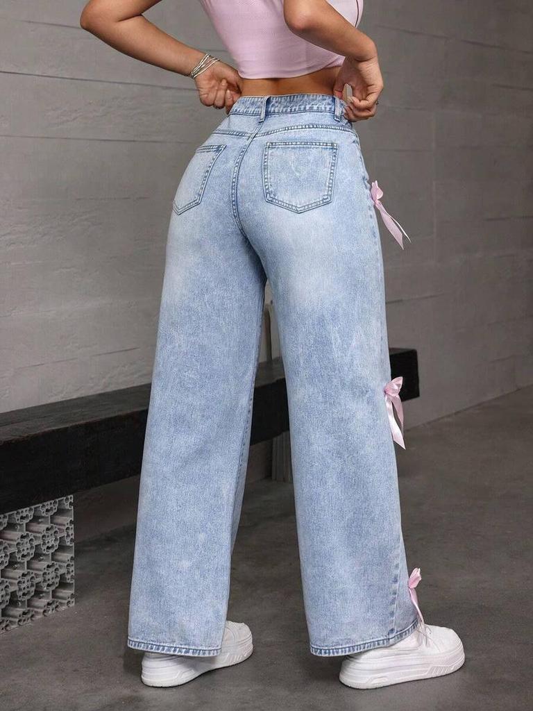 Europe Street Style Bowknot Wide Leg Washed Denim Pants