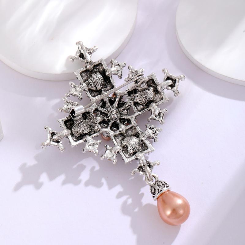 Broșă Cruce Vintage Baroc cu Strassuri pentru Femei Bărbați Cristal Perle Picătură de Apă Broșă Bijuterii pentru Birou Petrecere Cadou