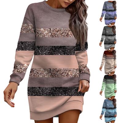 Long Sleeve Dress For Women Casual Printed Pullover Hip Pack Dress Sweater Dress Autumn