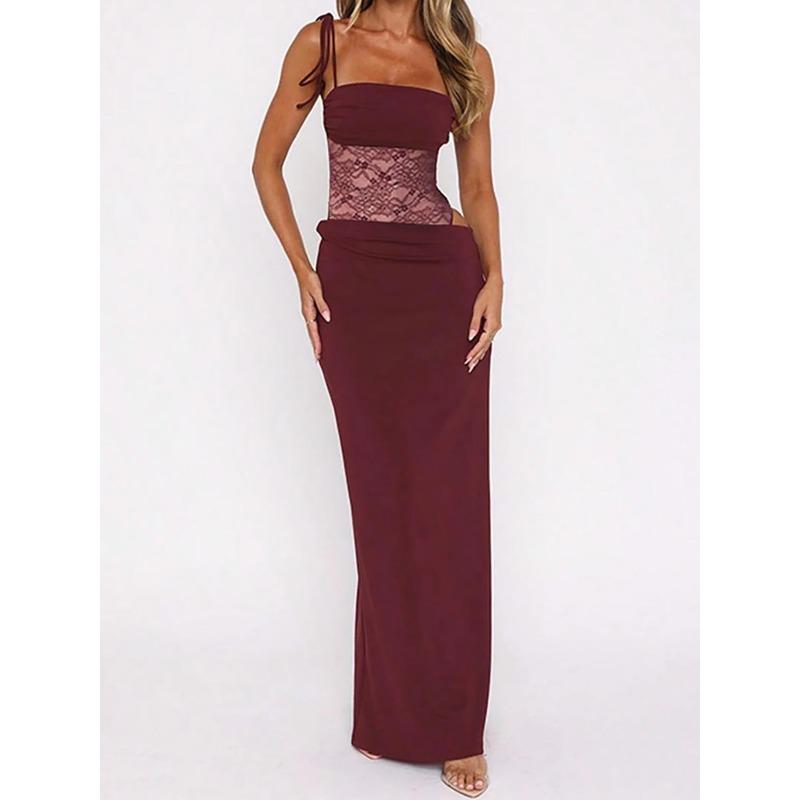 New Long Dress Spring and Summer Solid Color Lace Suspender Strap Strap Waist Slim Hip Wrap Dress