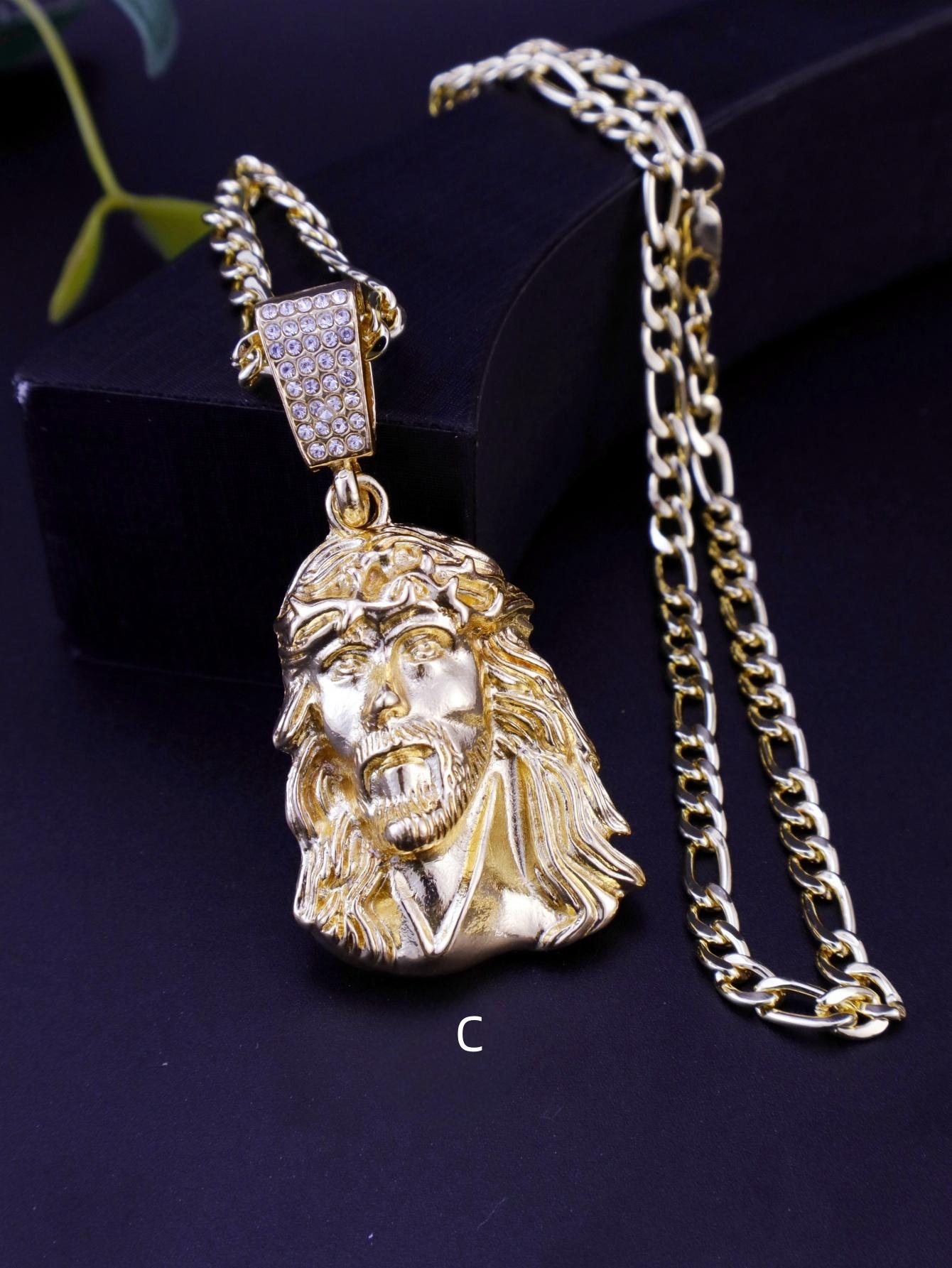 

Hip Hop Punk Style God Jesus Head Deluxe Gold Plated Pendant Collar Necklace Figaro Chain Men Women Jewellery 50cm