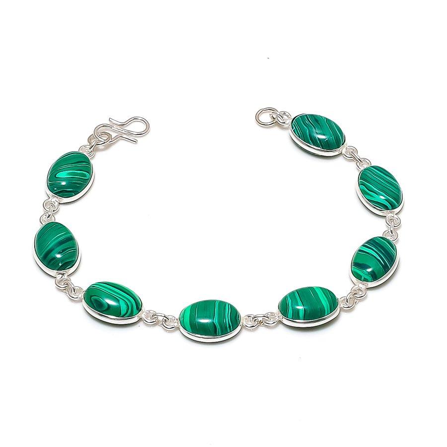 Натуральный Малахит Камень Ручная Работа Серебро 925 Пробы Браслет 7-8  ASB-3014