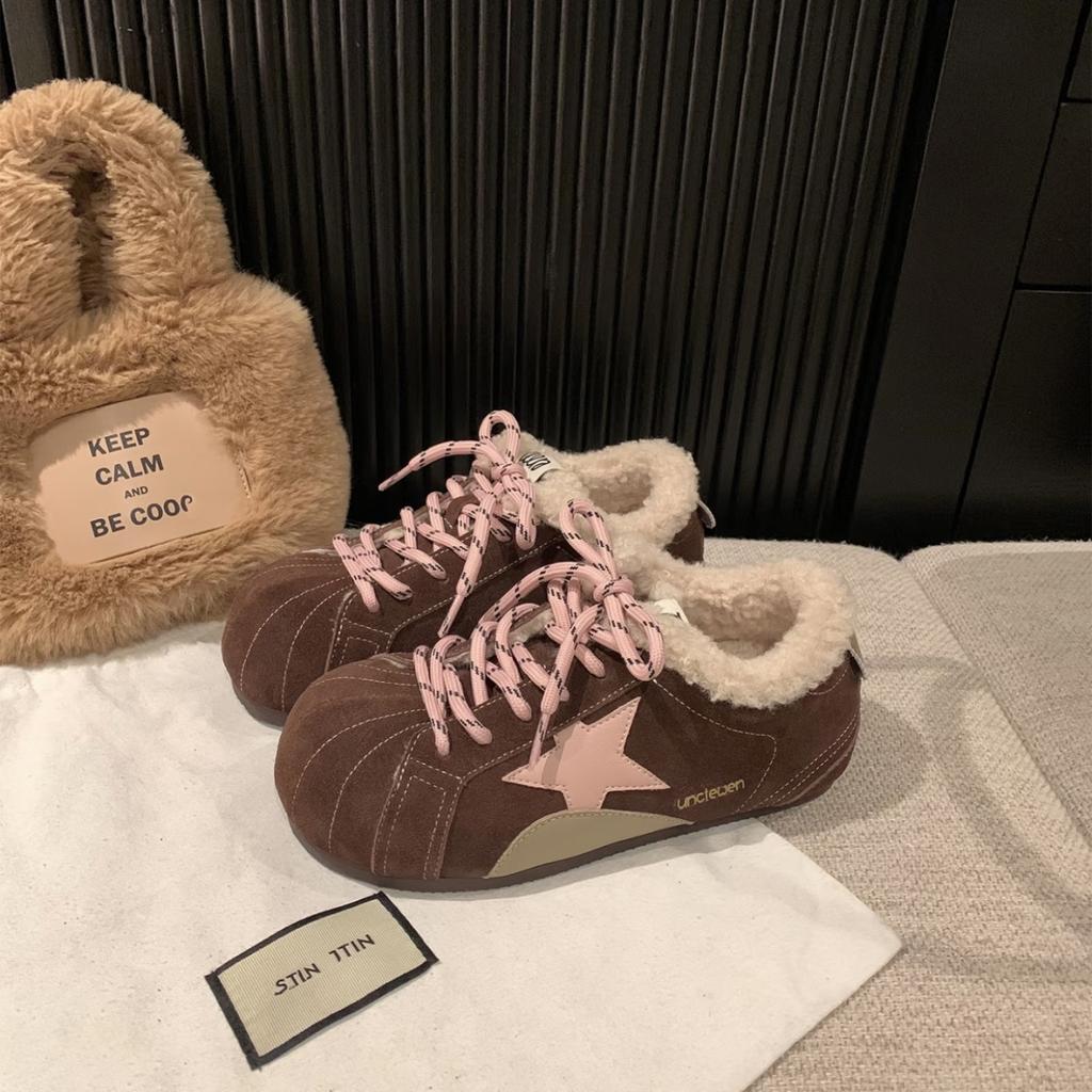 Retro German Training Shoes Women's Autumn and Winter Velvet Warm Fluffy Cotton Shoes Cute Ugly Cute Soft Leather Star Shoes Casual Board Shoes