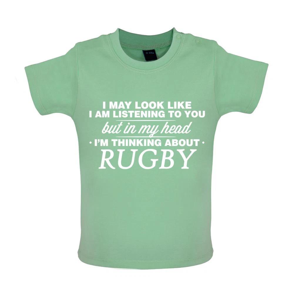 

In My Head I m Thinking About Rugby - Baby Kids Boys Girls Unisex T-Shirt / Babygrow - Player League 120
