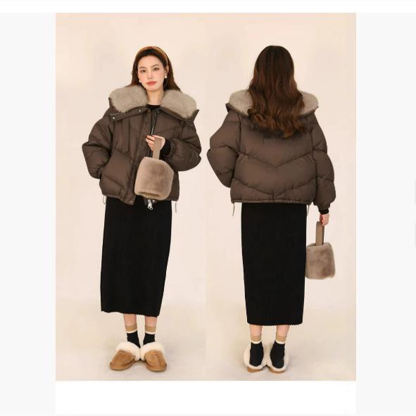 

Куртка с большим меховым воротником, короткая пуховая куртка, женская зимняя куртка с кулиской M кофейный
