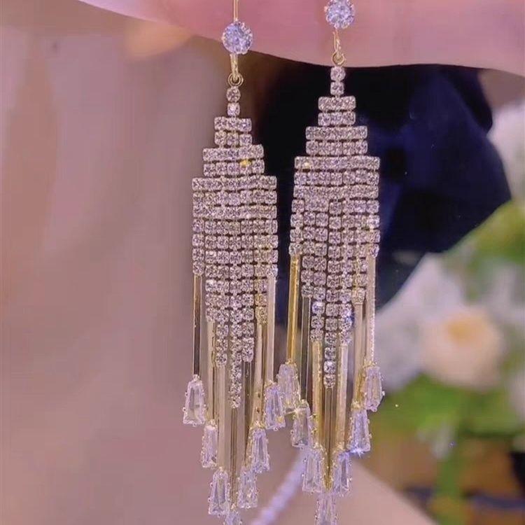 Trendy Geometric Crystal Tassel Earrings - High-End Rhinestone Luxury Fashion
