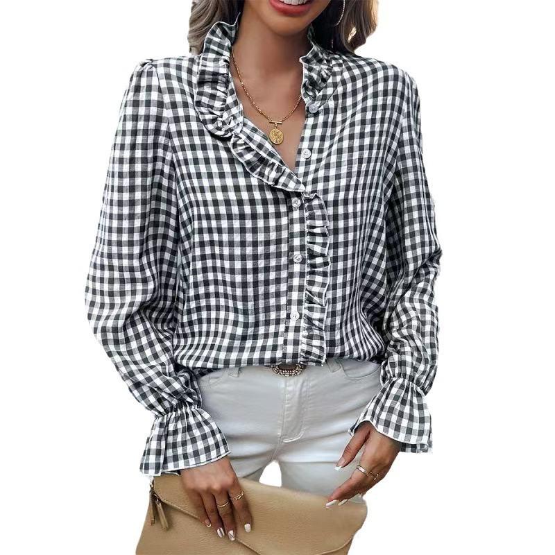 Spring New Arrival: Women s French Ruffle Plaid Shirt XXL чёрный