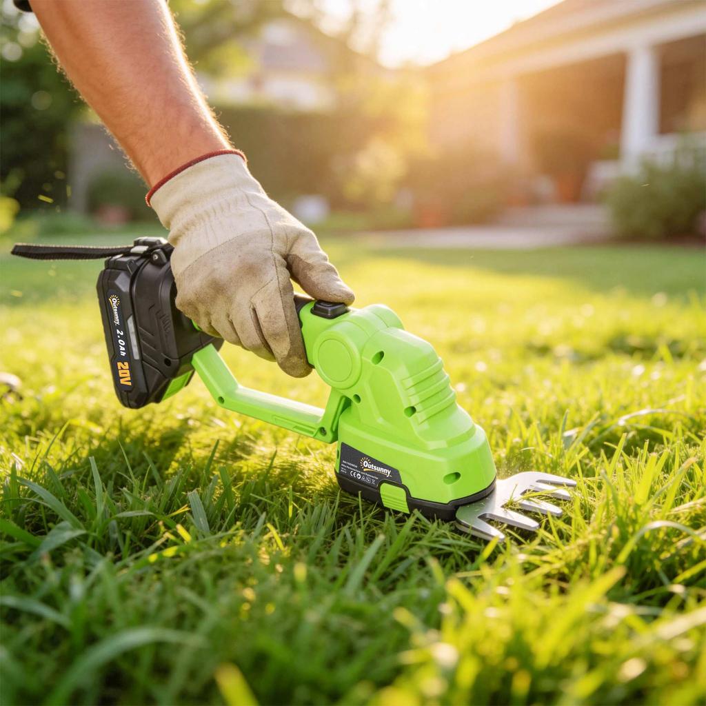 2-in-1 Cordless Hedge Trimmer Electric Hedge & Shrub Shears with 20/10cm Cutting Length, Charger