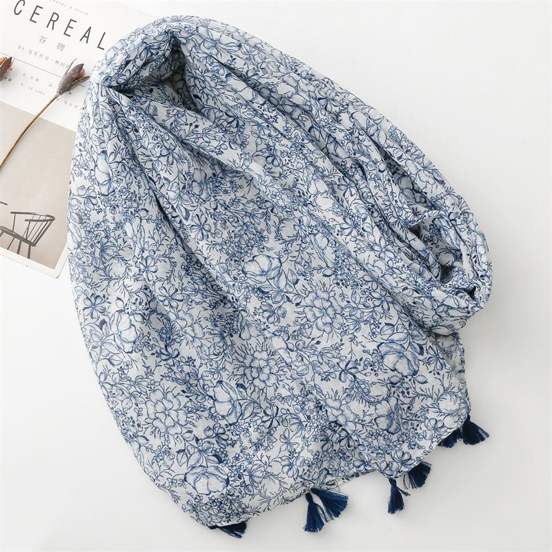 Luxury Women Viscose Scarf Four Seasons Available Designer Shawl Cotton Linen Feeling Tassel Pashmina Muslim Hijab Wrap Floral