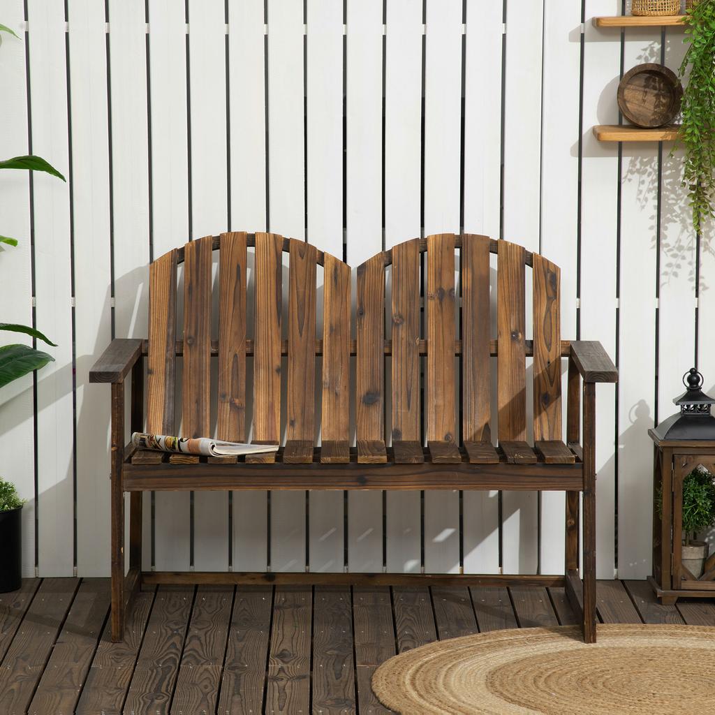 Panca da Giardino in Legno da Esterno, Sedia Loveseat da Patio con Schienale a Doghe e Braccioli Lisci per Due Persone, per Cortile, Prato, Portico, Finitura Carbonizzata