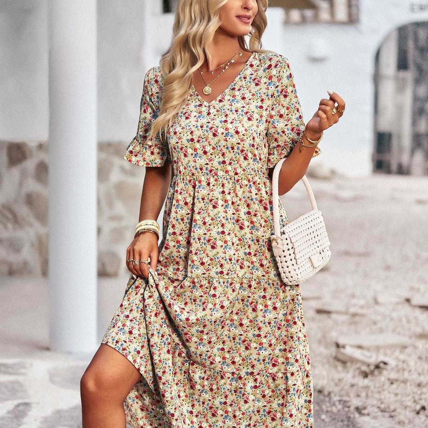 

Женское сексуальное платье с v-образным вырезом и короткими рукавами в богемном стиле с цветочным принтом XL