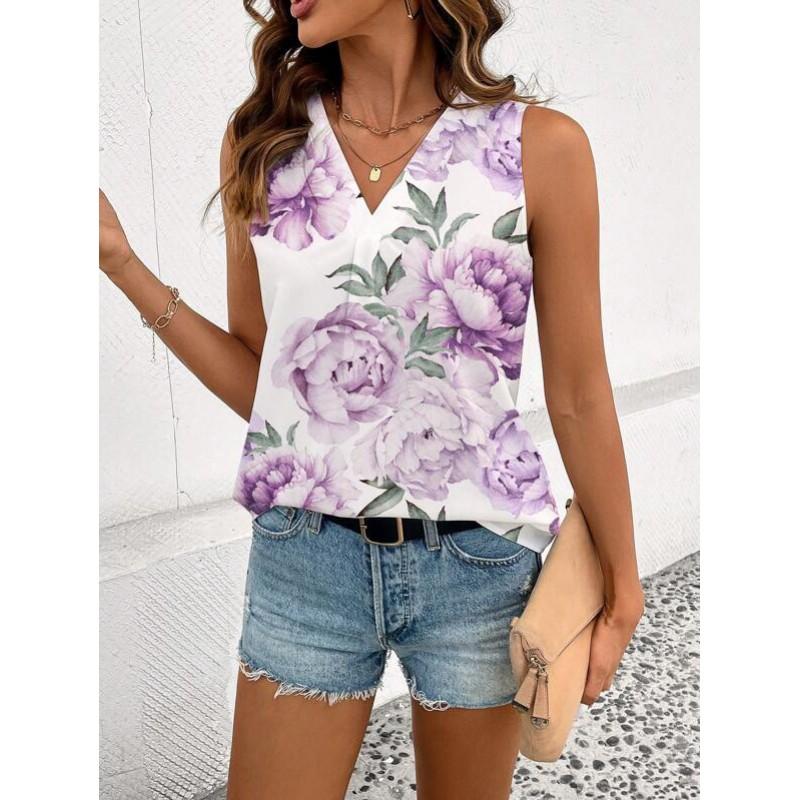 Womens Vintage Floral Print Sleeveless V-Neck Top Comfortable Casual Blouse Soft Cotton-Like Fabric 2025