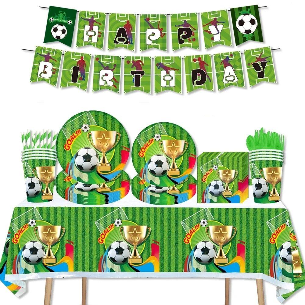 Green Football-themed Birthday Party Tableware Set - Disposable Paper Plates, Cups, Knives, Forks, Spoons and Straws