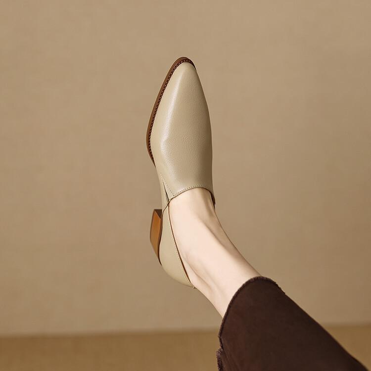 Women's Apricot Pointed-Toe Slip-On Chunky Mid-Heel Shoes