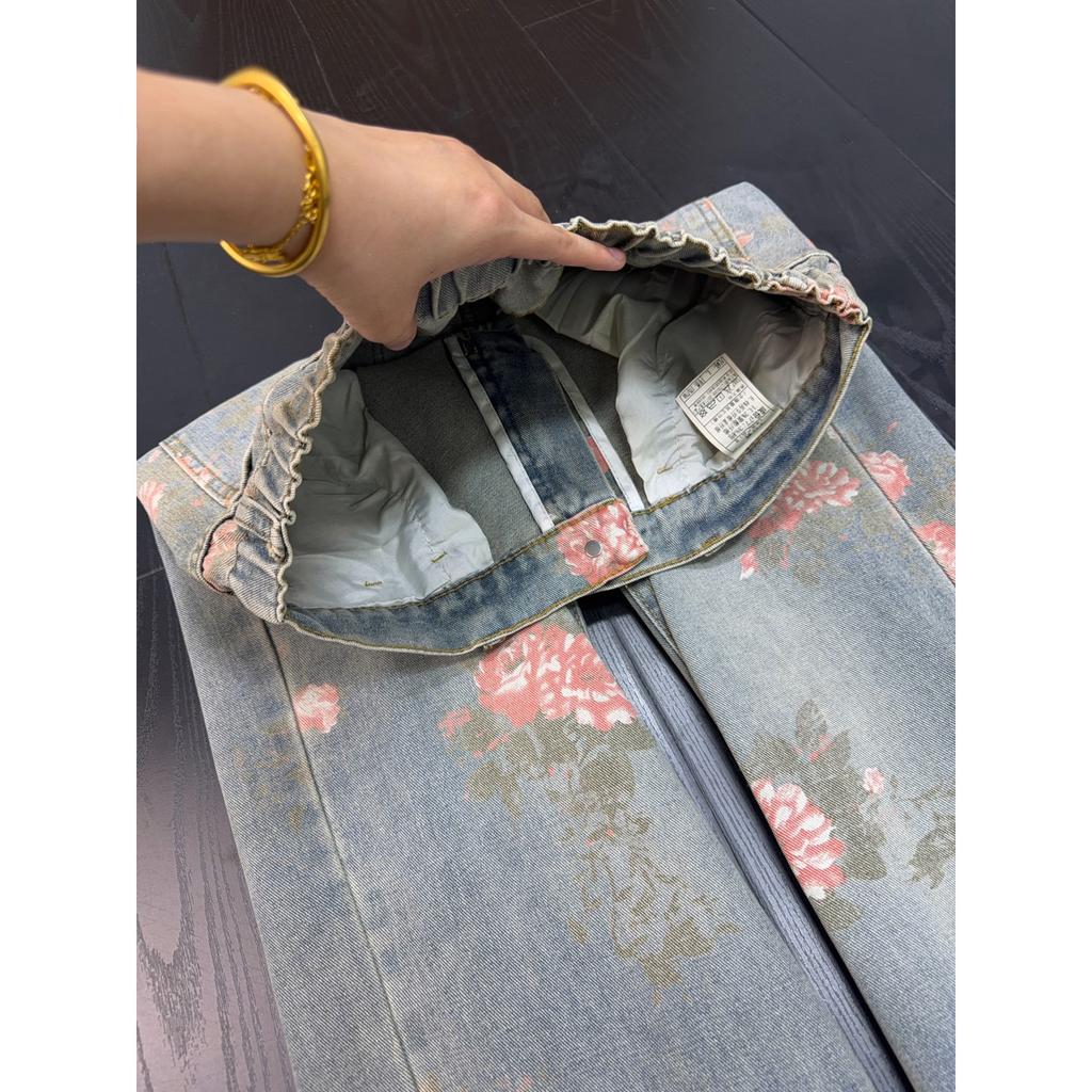American Flower Full Print Jeans Men's and Women's Autumn Micro-pull Thin Straight Micro-pull Tide Brand Guangzhou Xintang Wholesale