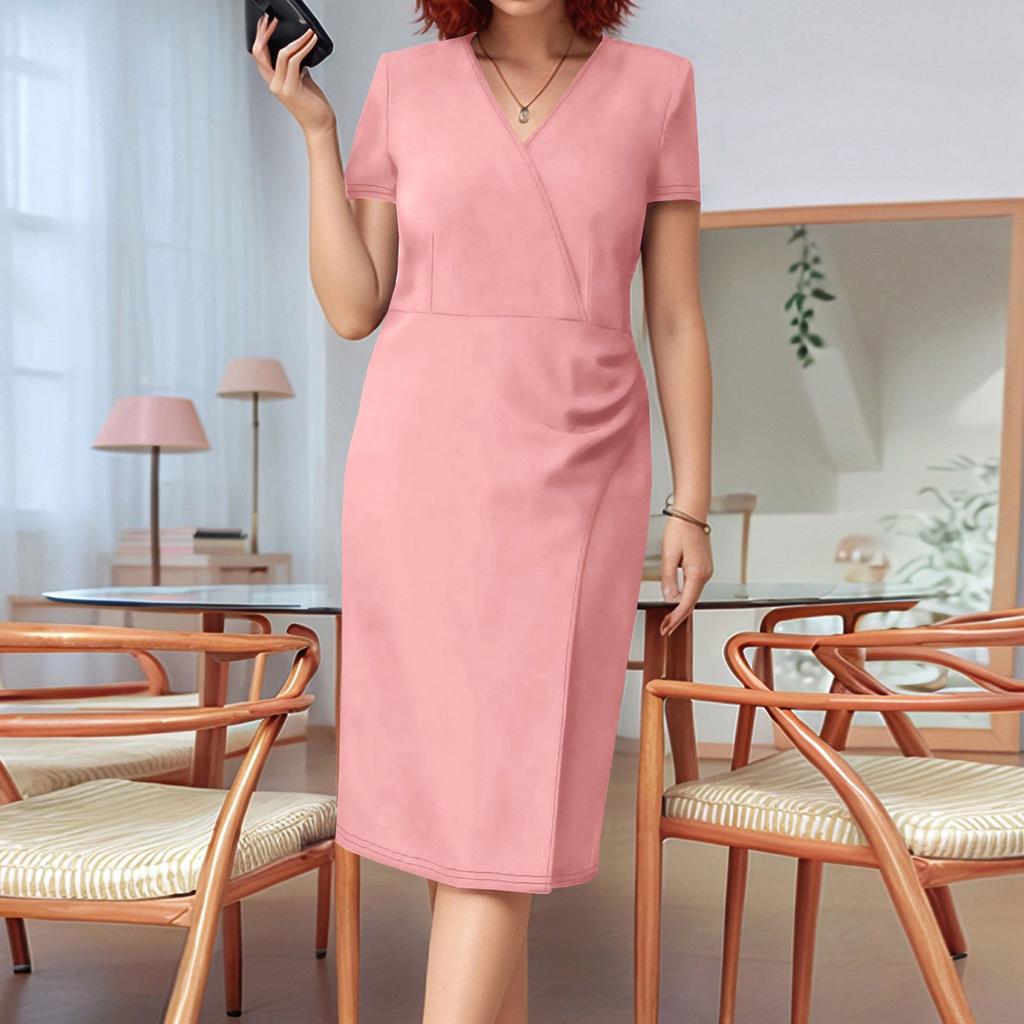 Women's Summer Shaping Dress V Neck Short Sleeve Ruffle Dress