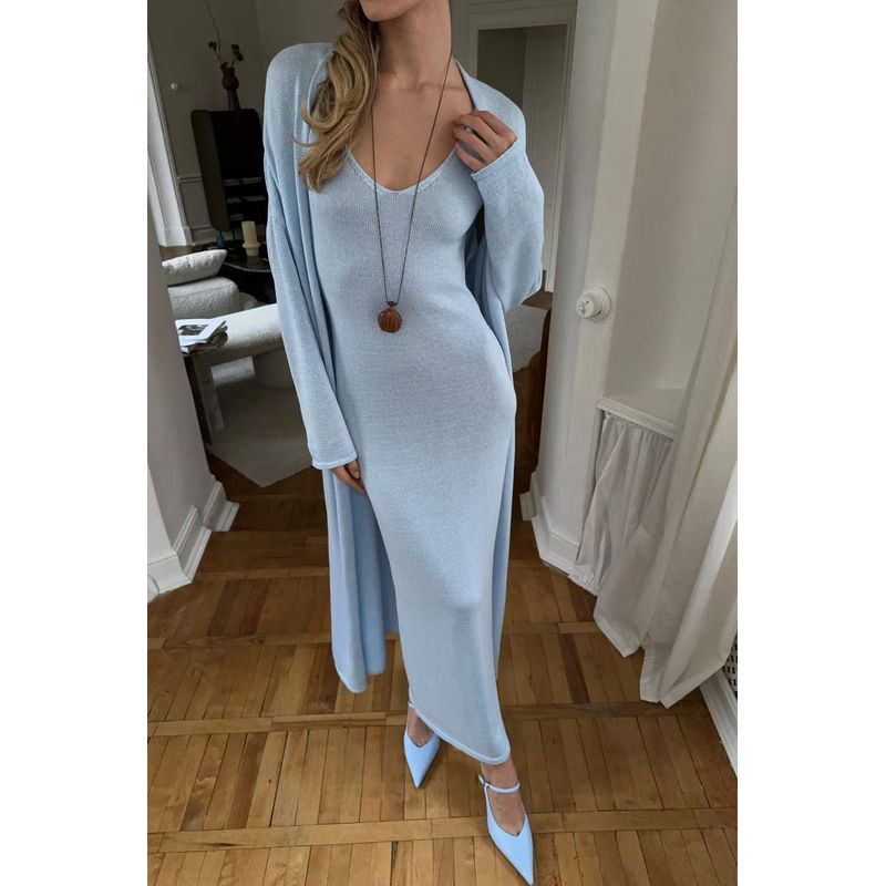 

Western Style New Knitted Sling Long dress + Cardigan Dress Set Knitted Dress Two-Piece Set Blue Two-piece set M