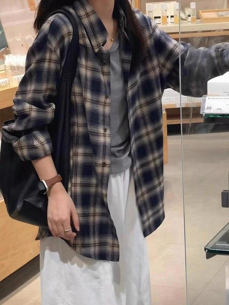 Women's Korean Retro Plaid Shirt Jacket - Dark Blue, Long Sleeve, Loose Fit for Autumn/Winter
