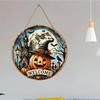 Spooky Halloween welcome sign, Round Wooden Hanging Plaque, vintage pumpkin castle wall decor, rustic autumn indoor outdoor holiday decoration