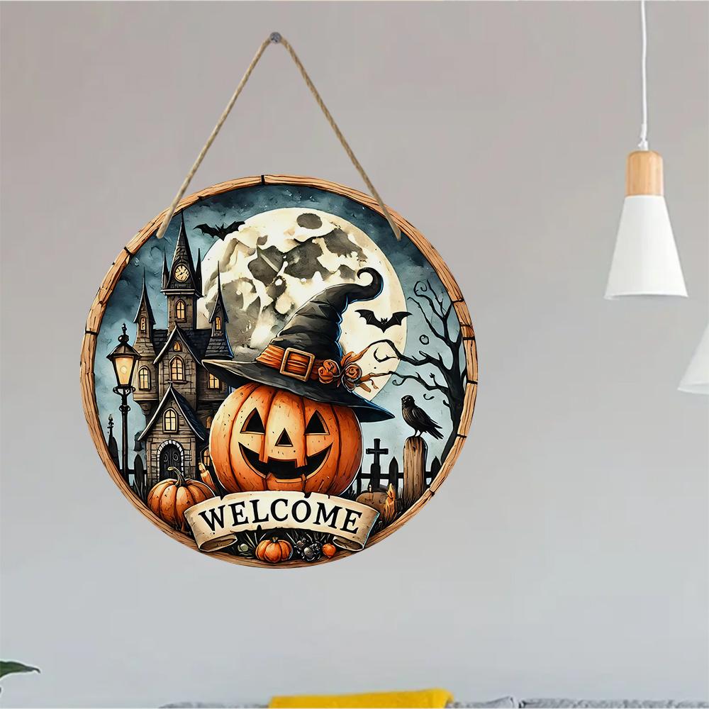 Spooky Halloween welcome sign, Round Wooden Hanging Plaque, vintage pumpkin castle wall decor, rustic autumn indoor outdoor holiday decoration